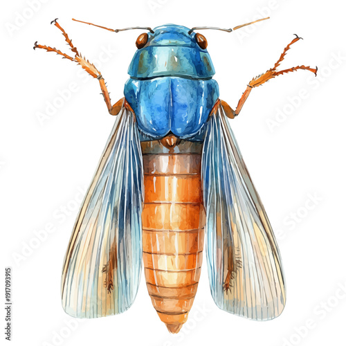 Giant Water Bug, illustration watercolor with playful splashes and delicate line details, isolated on a white background.