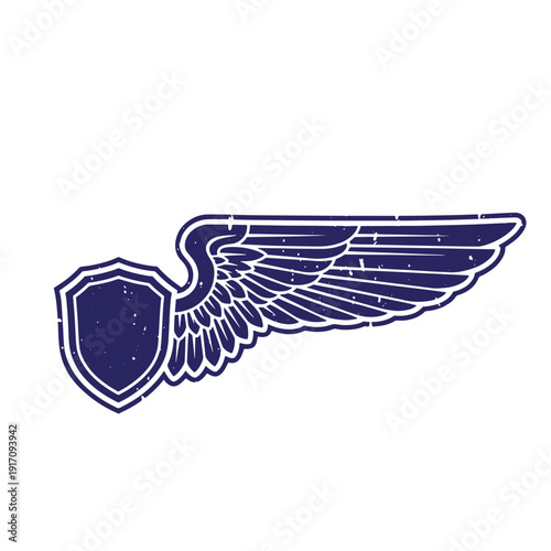 Grunge texture a blue shield with a wing coming out of it  a protective symbol with wings for defense and safety Vintage Style