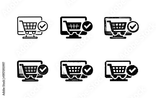 Online shopping cart with checkmark icon on computer screen, multiple styles