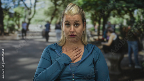 Принти на полотні Blonde woman clutch chest for heartattack on urban street lined with trees in blue jacket; distress concern suffering anxiety