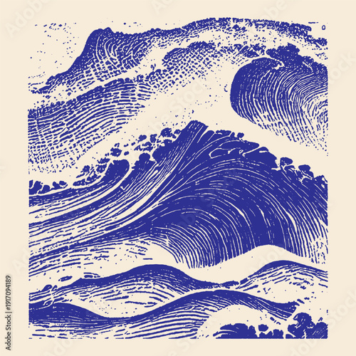Dramatic blue ink illustration of powerful ocean waves crashing, linocut style with textured details and a sense of movement.