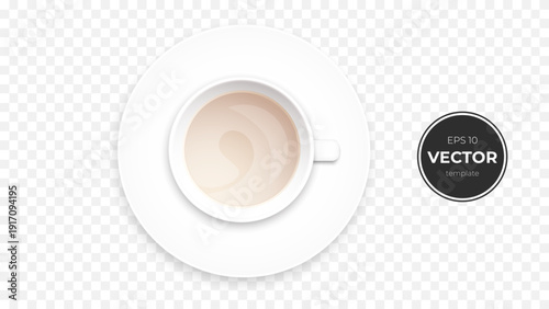 Top view of a white cup with light beverage on a clean plate.