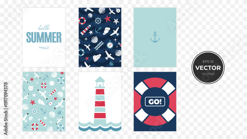 Colorful summer-themed vector art featuring various nautical designs.