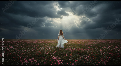 Woman in a flower field under stormy skies.