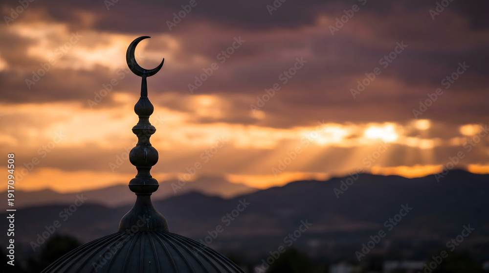 Fototapeta premium Serene silhouette of a mosque's crescent moon finial at sunset against a mountainous landscape with cloudy sky