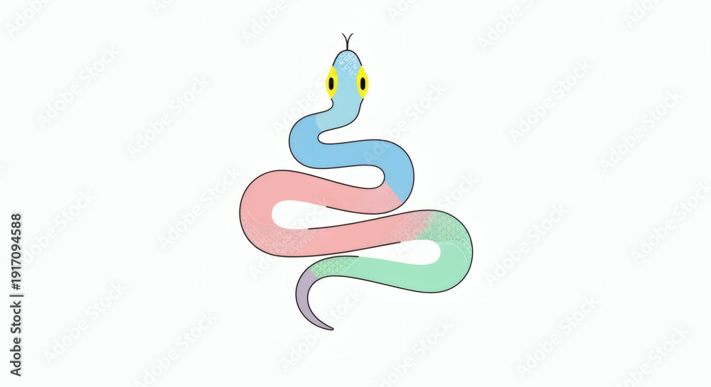 Fototapeta premium Colorful cartoon snake with yellow eyes on a white background 