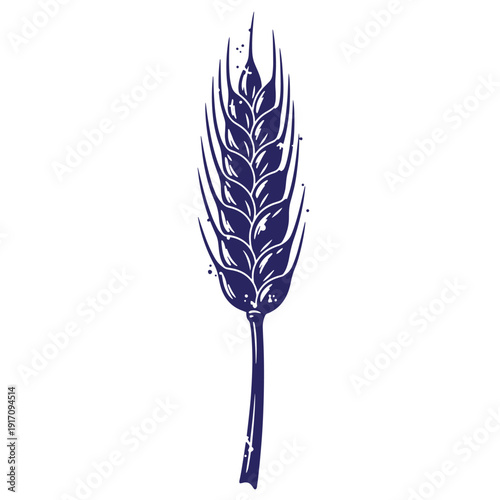 Grunge texture Dark blue illustration of a wheat ear or spike on white background  agricultural symbol Vintage Style