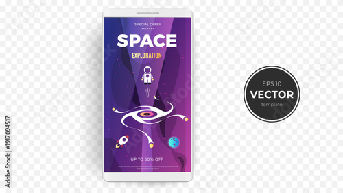 Colorful mobile template for space exploration promotions with astronaut theme.