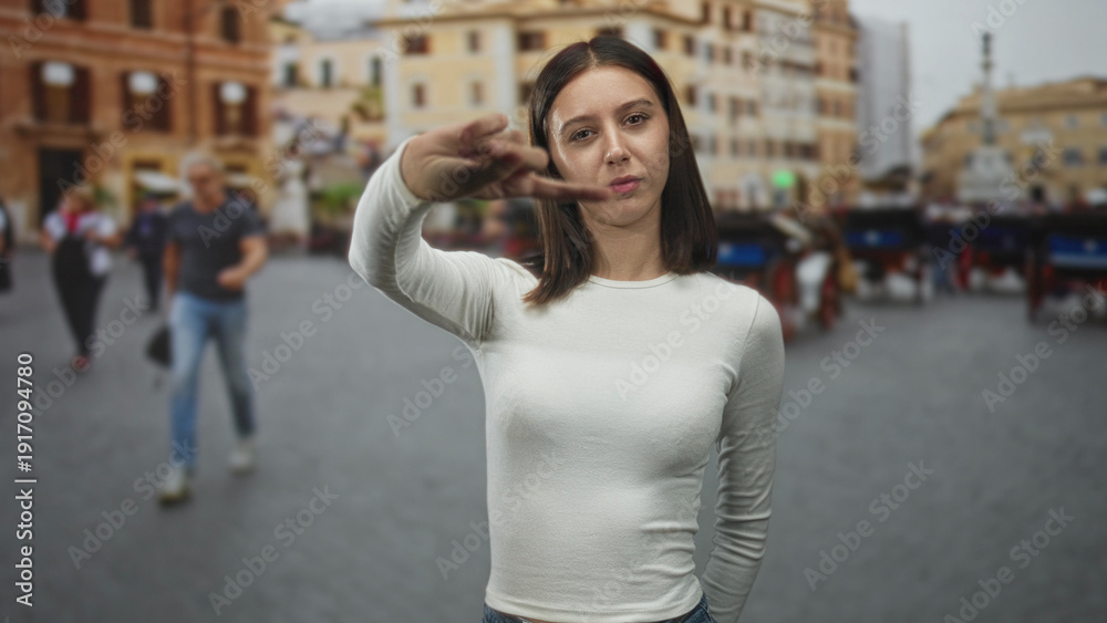 Fototapeta premium Woman points finger with outstretched arm on a crowded street near horse carriages and tourists; dismissal confidence.