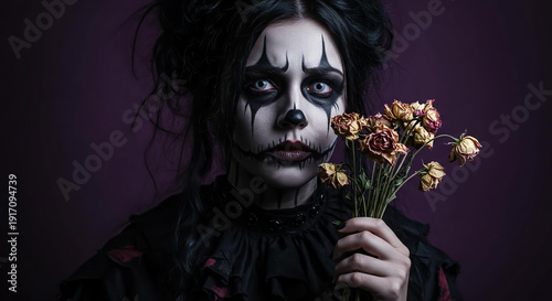 Gothic woman with wilted flowers.