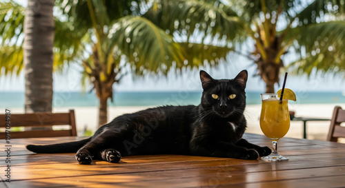 Cat Relaxing with Tropical Drink by the Beach