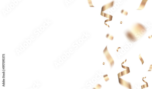 Golden streamers on a white background for celebrations and festivities.