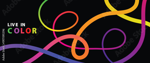 Vibrant neon light design with colorful swirling lines and live in color text