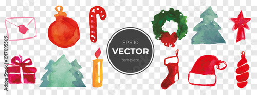 Festive watercolor Christmas icons in vibrant reds and greens.