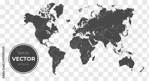 Monochrome world map with countries highlighted, showcasing global geography.