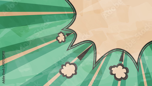 Colorful comic style background with dynamic rays and explosive speech bubble.