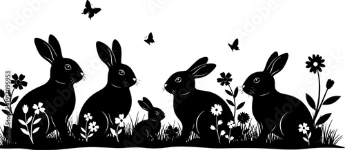 Black silhouette of four rabbits sitting in grass with flowers and butterflies around them
