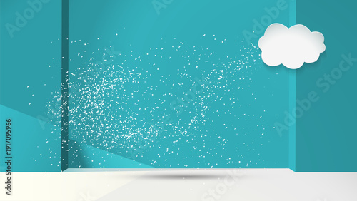 A whimsical illustration of a cloud with scattered particles on a turquoise backdrop.
