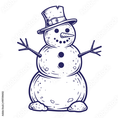Grunge texture Snowman wearing a top hat and smiling  winter character with coal eyes and nose Vintage Style