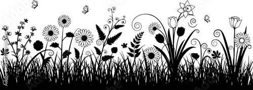 Silhouettes of diverse wildflowers and grasses creating a vibrant meadow border, perfect for nature-themed designs and summer backdrops.
