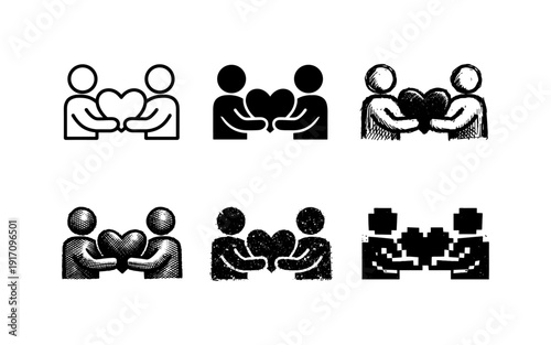 Collection of diverse icon styles representing two people sharing a heart symbol