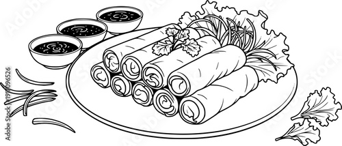 Black spring roll filling food white

