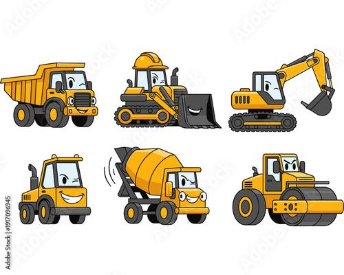 Cartoon Style Illustration of Trucks and Machinery on a Bright Background