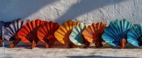Vibrant multicolored decorative shells against textured white wall for coastal design inspiration
