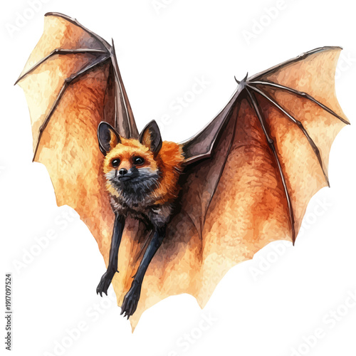 Flying Fox, illustration watercolor with playful splashes and delicate line details, isolated on a white background.