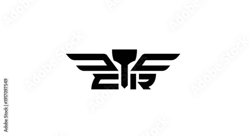 Stylized black logo with wings and funnel.