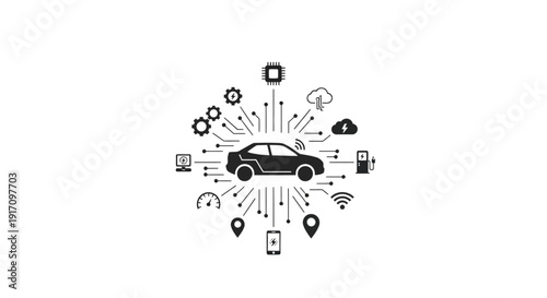Car Surrounded by Technology and Navigation Icons.