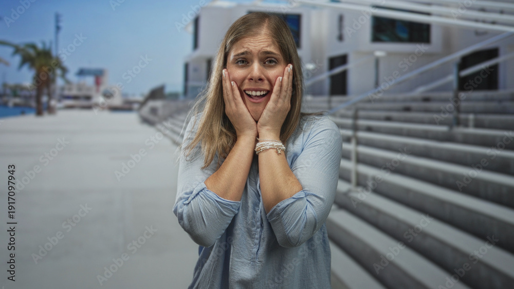Fototapeta premium Young blonde woman clutch chest for pain on urban outdoor street by concrete stairs and modern building facade; anxiety.