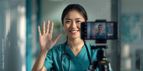 Smiling Asian female nurse recording video for online medical consultation or vlogging with a smartphone on a tripod, wearing teal scrubs and a stethoscope, waving at the camera in a hospital