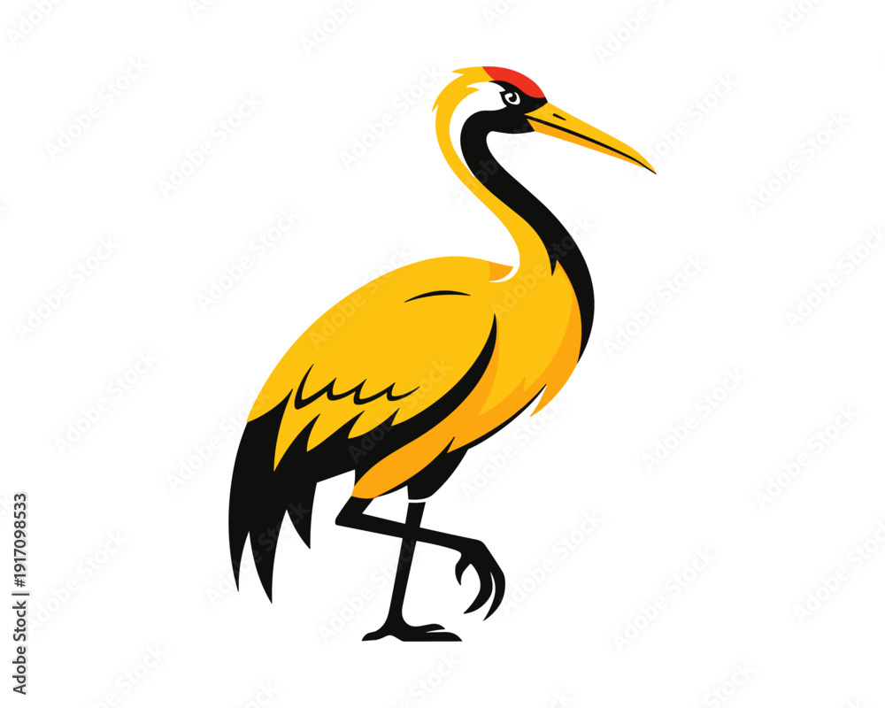 Obraz premium Elegant Yellow Crane Illustration, Nature Art, Vibrant Wildlife, Graphic Design, Stylized Animal, Eye-Catching Visual
