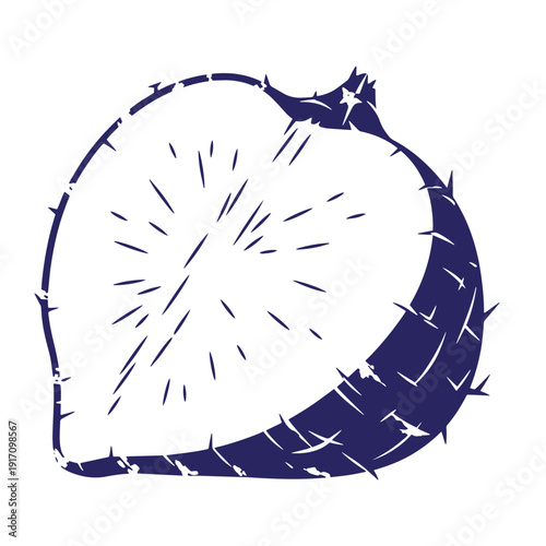 Grunge texture Blue prickly pear cactus fruit illustration with spines and starburst pattern inside Vintage Style