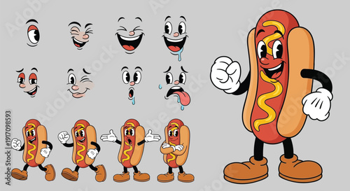 Set of 10 cartoon hot dog characters and 6 emoticon faces vector