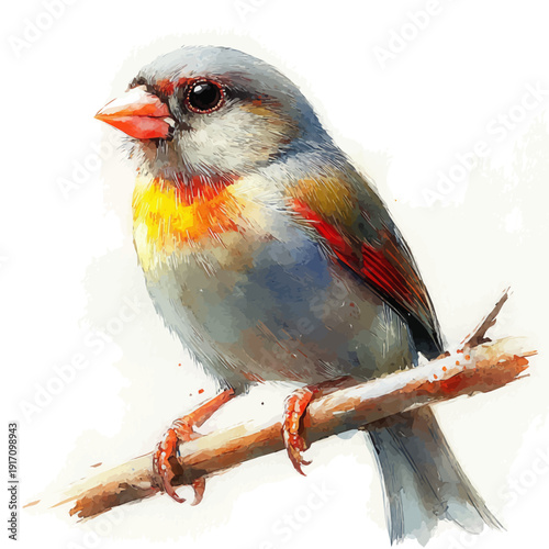 Finch, watercolor with intricate brush textures and gentle highlights, isolated on a white background.
