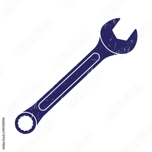 Grunge texture Adjustable wrench with scratched surface and white lines on handle and jaws on white background Vintage Style