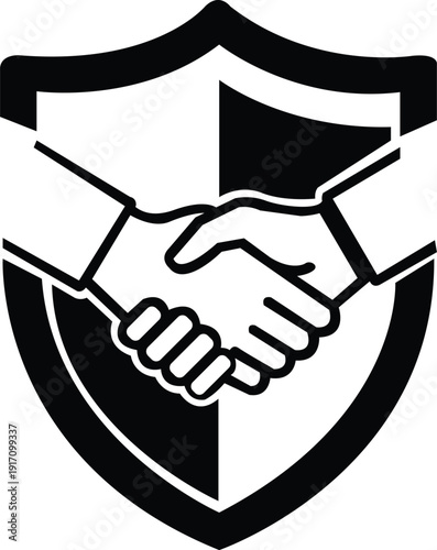 Shield and handshake illustration depicting core business ethics secure partnership, and trustworthy collaboration