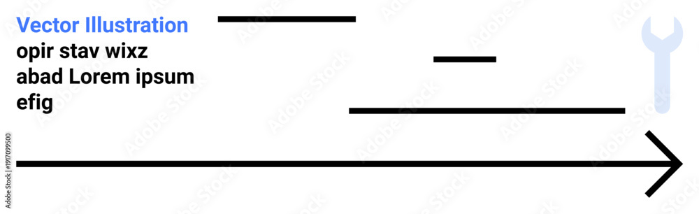Obraz premium Workflow visualization, project planning, team collaboration, system design, mechanical engineering, process flow. Black lines, arrow text placeholders and wrench shape. Workflow and project