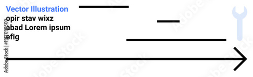 Workflow visualization, project planning, team collaboration, system design, mechanical engineering, process flow. Black lines, arrow text placeholders and wrench shape. Workflow and project