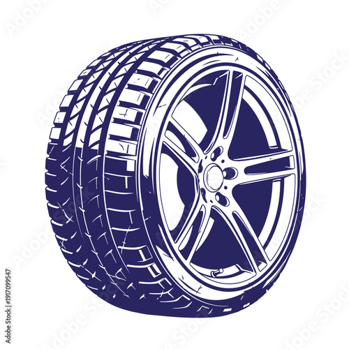 Grunge texture Blue car tire with silver rim and detailed tread pattern on white background  automotive wheel Vintage Style