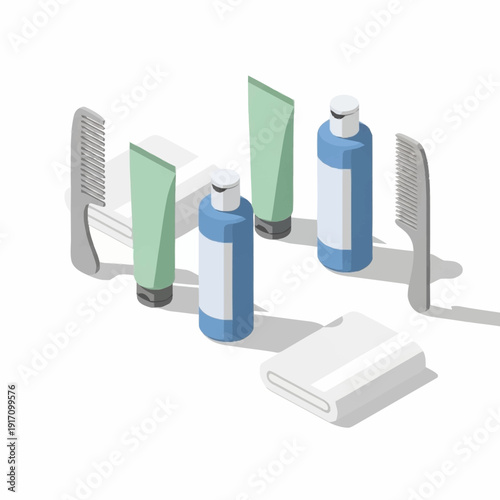 Bathroom hygiene products on a holder with towels and toiletries.