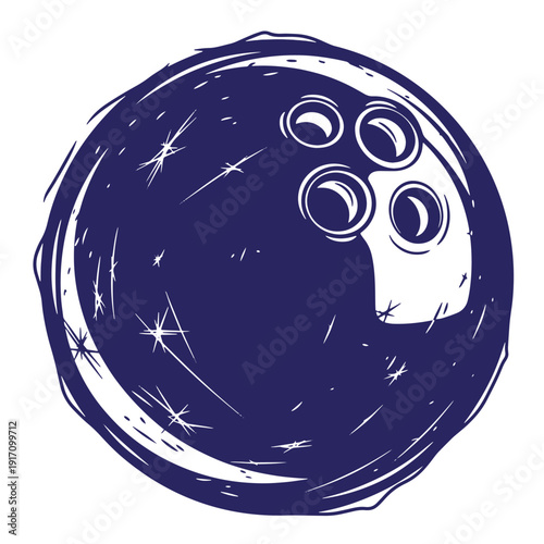 Grunge texture Dark blue bowling ball with white scratches and three holes on right side  recreational sport equipment Vintage Style