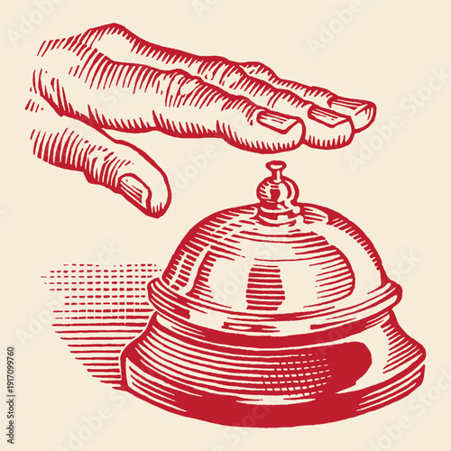 Hand pressing a vintage hotel service bell, red ink sketch illustration, symbolizing assistance, attention, and immediate service.