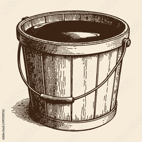 Vintage wooden bucket filled with dark liquid, hand-drawn sketch illustration in sepia tones, evoking rustic charm and old-fashioned utility.