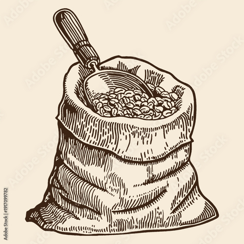 Burlap sack overflowing with coffee beans, scoop inside, hand-drawn sketch in sepia, representing aroma, energy, and artisanal coffee.