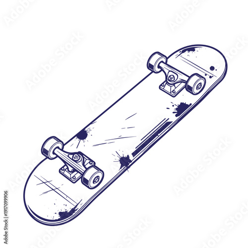 Grunge texture Detailed illustration of a skateboard with wheels and trucks on a plain surface  recreational sports equipment Vintage Style