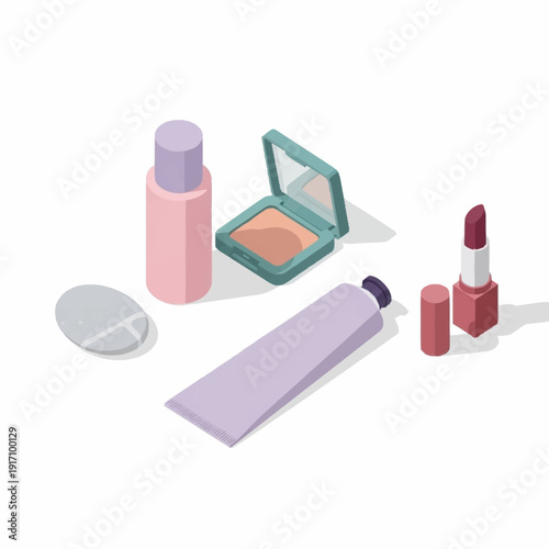 Assorted cosmetic products arranged neatly on a white background.