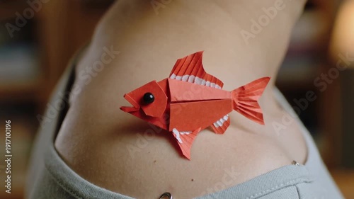 Poisson origami orange vif fixé sur le dos d’une veste noire